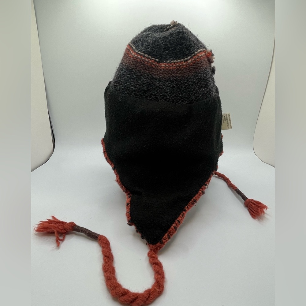 Black and Brown Wool Blend Cozy Striped knit Winter Hat with Earflaps OS - Picture 3 of 6